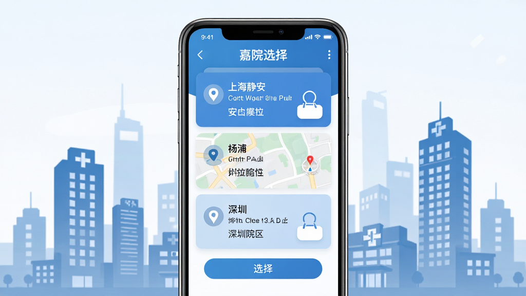 ����չʾ�λ�ҽ��APP�Ķ�Ժ��ѡ����棬�ֻ���Ļ���г��Ϻ����������֡����ڵ�Ժ����Ƭ������Ϊ�ֻ����У�����Ϊ����ҽ�ƽ�����Ӱ���Ű�����������ִ�����ϸ�ڰ�����ͼ��λͼ�ꡢԺ����ַ���֡�ѡ��ť�����ʸ��塢�ɾ����޶���Ԫ��