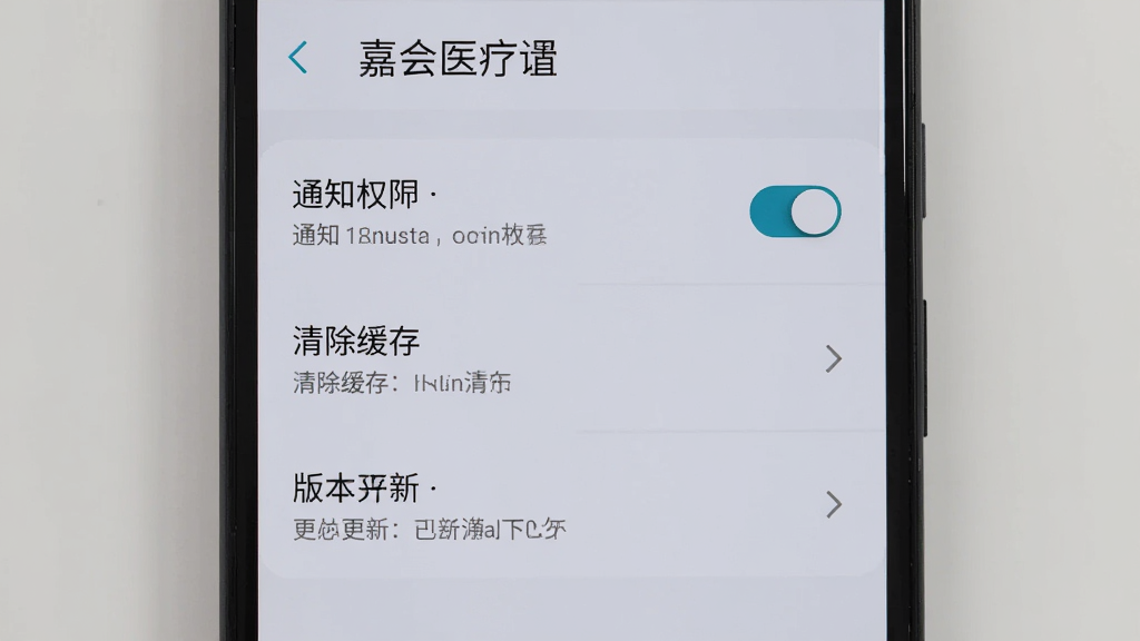 ����Ϊһ����׿�ֻ���Ļ��д����ʾ�λ�ҽ��APP������ҳ�棬����֪ͨȨ�ޡ�������桢�汾���µ�ѡ�����Ϊ�ֻ��������У�����Ϊǳ��ɫ���Ű�����������Լʵ�ã�ϸ���п��ذ�ť����ͷͼ�ꡢ����˵�������ʸ��塢�ɾ����޶���Ԫ��
