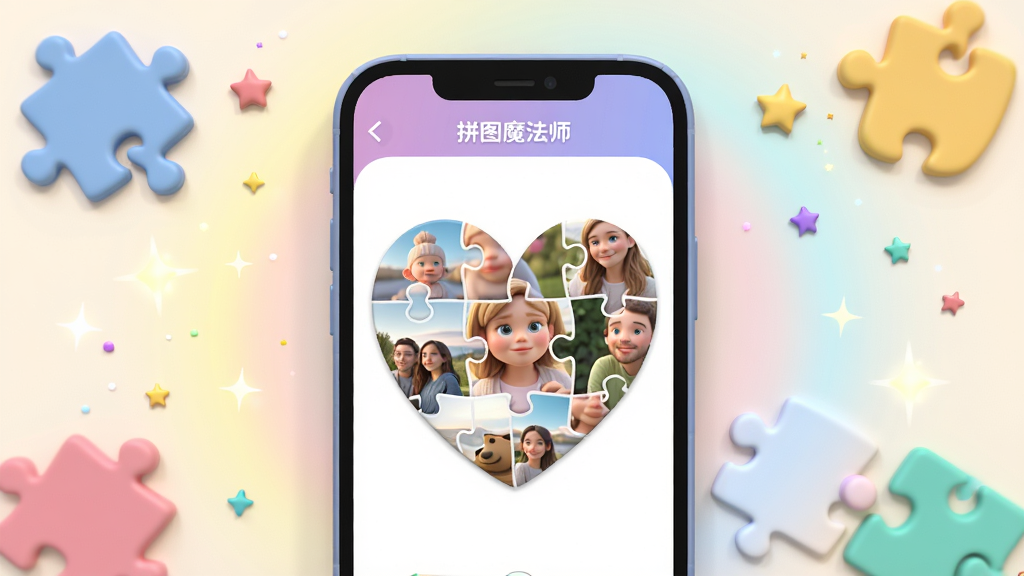 ����Ϊһ�������ֻ���Ļչʾƴͼħ��ʦ�������棬��Ļ�г��ֶ�����Ƭ�Զ�ƴ�ӳ�����ͼ��������Ϊ�ֻ����з�����ǳɫ���棬����ɢ���ɫƴͼ��Ƭ�����ǹ�㣬�Ű�����У����Ϊ���¿�ͨ3D��Ⱦ��ϸ�ڰ�����Ļ����ʾ��ƴͼħ��ʦ�����ֱ�ʶ����Ƭ��ԵԲ�Ǵ�������������ͽ�����Σ����ʸ��壬�ɾ����޶���Ԫ�ء�