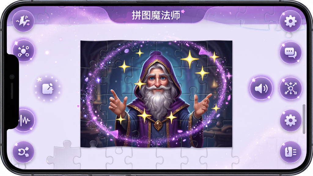 ����Ϊƴͼħ��ʦ������Ч�༭���棬����Ϊ�ֻ���Ļ����չʾһ����ƴ�õ���Ƭ��������������˸��Ч���Ű�Ϊ���ܰ�ť������Ļ��Ե�����Ϊ�λ���ɫ��ħ�����⣬ϸ�ڰ�����Ļ����ʾ��ƴͼħ��ʦ�����֡���Чͼ����й��Ρ���Ƭ�����ж�̬����Ч�������ʸ��壬�ɾ����޶���Ԫ�ء�