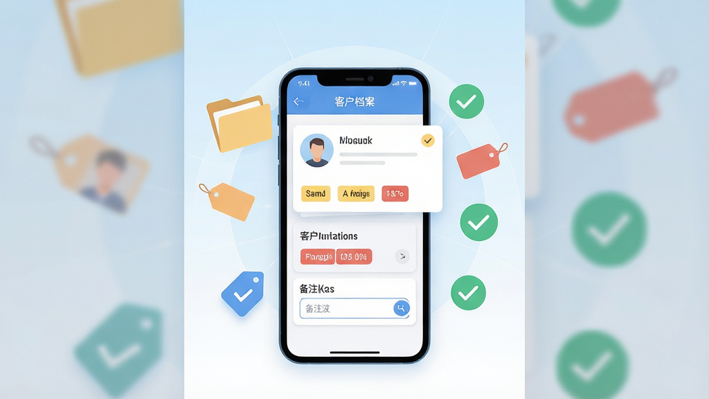 一幅以客户信息管理为主题的竖版信息图,画面中心是一个手机界面,界面中展示客户档案卡片与风险等级标签,卡片周围漂浮着文件夹、标签、对勾图标等符号,背景为浅蓝色到白色的渐变,排版采用居中放射状布局,风格为简洁的扁平化UI插画,细节上突出客户分组与备注输入框,画质清晰,干净无杂乱元素。