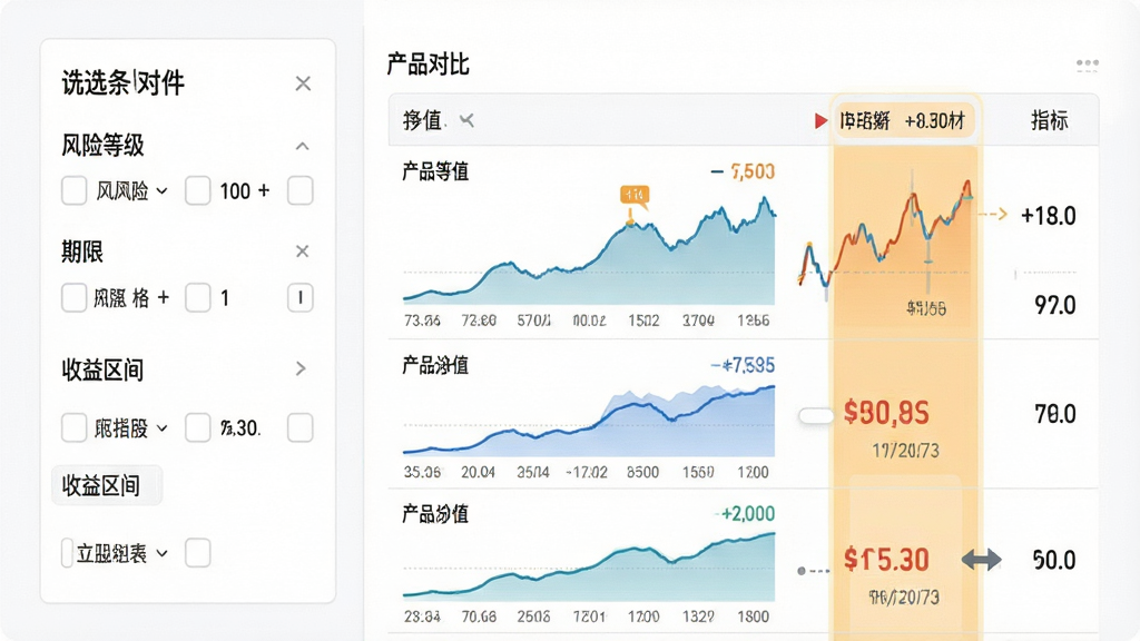 一幅展示金融产品对比功能的横版界面截图风格插画,画面左侧是筛选条件面板,包含风险等级、期限、收益区间等选项,右侧是产品对比表格,表格中显示不同产品的净值曲线与指标数值,背景为纯白色,排版采用左右分栏布局,风格为现代扁平化设计,细节上突出对比列表与数据高亮,画质清晰干净,无多余装饰。