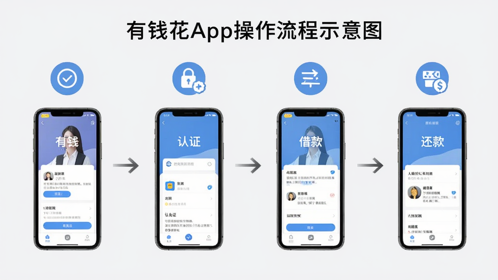 ��Ǯ��App��������ʾ��ͼ������������ͼ��ʽչʾע�ᡢ��֤���������ĸ����裬ÿ���������ж�Ӧ���ֻ���������ͼ��ͼ�꣬����Ϊǳ��ɫ���Ű�������У����������ϸ�����������ʸɾ����޶���Ԫ��