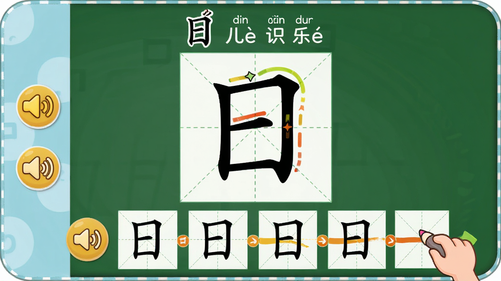 ��ͯʶ����԰�����ʶ����˳��ʾ���棬����Ϊ��ͨ������д��ϰ����������չʾ���֡��ա��ı�˳�����ֽ�ͼ������Ϊ�Ϸ��Ǻ��ֺ�ƴ�����·��Ǳ�˳�����������������ͼ��ͷ�����ť���Ű�Ϊ�������У����Ϊ�������磬ϸ�ڰ������ָ񱳾�����ɫ�ʻ��켣��С���ձ�ͼ�꣬���ʸ���ɾ����޶���Ԫ��
