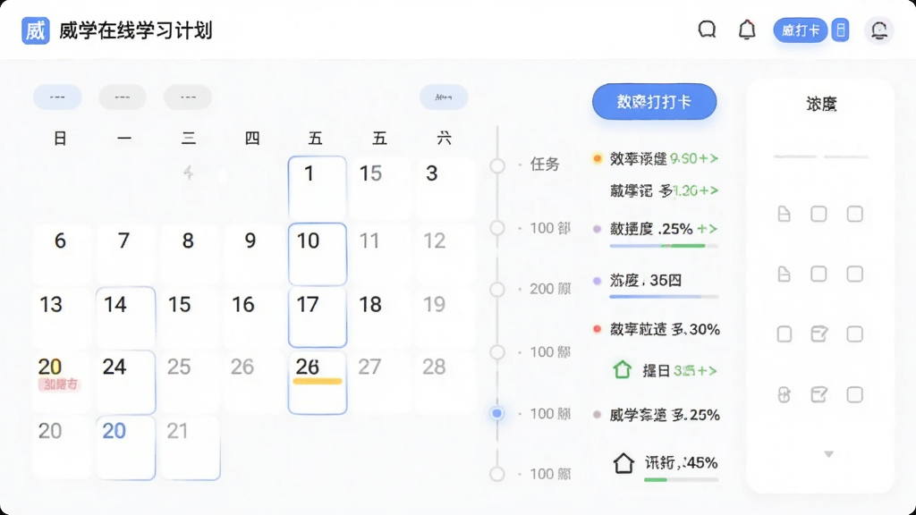 ����Ϊ��ѧ����ѧϰ�ƻ����棬����Ϊ�����������б���ϣ��Ű�Ϊ����ʱ���ᣬ���ΪЧ�ʹ����磬ϸ�ڰ����򿨰�ť�����Ȱٷֱȡ�����ͼ�꣬���ʸ��壬�ɾ����޶���Ԫ��