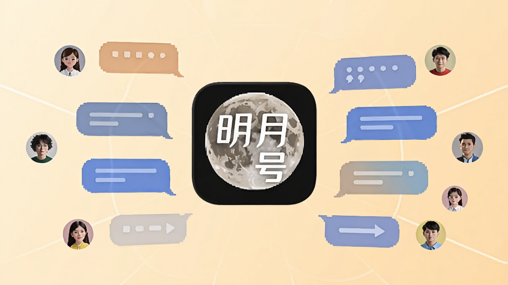 一张明月号社交功能场景图,画面中展示多个聊天气泡与用户头像环绕在明月号应用图标周围,代表多元社交互动,背景为柔和的暖色调,布局对称,风格现代简洁,细节清晰,画质干净,无杂乱元素。