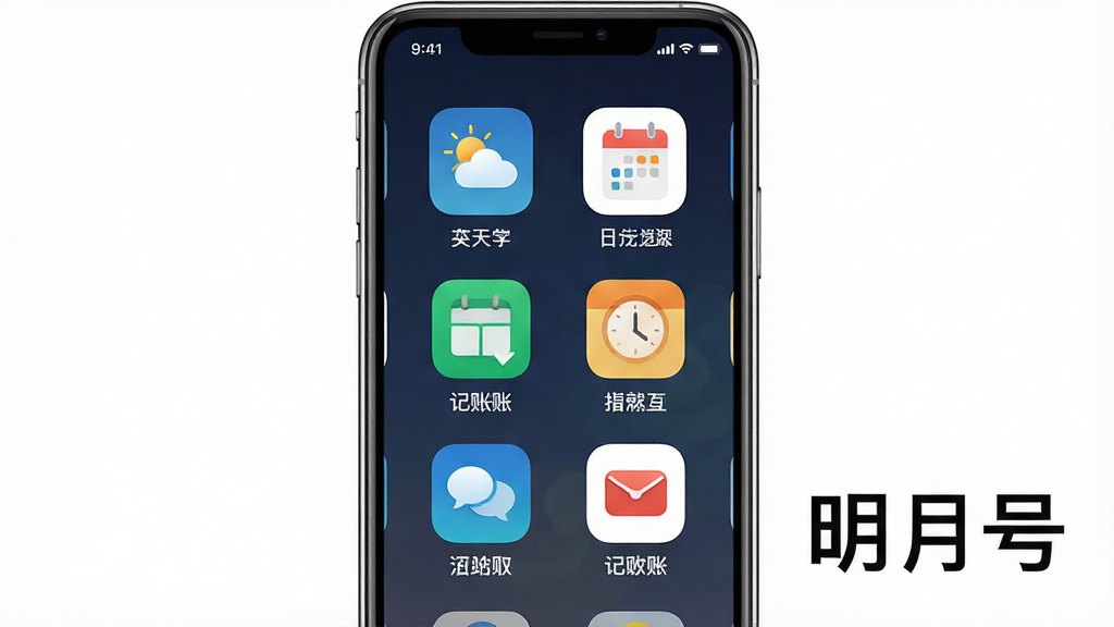 一张明月号生活服务功能展示图,画面中手机屏幕内呈现天气、日历、记账等图标整齐排列,图标下方标注功能名称,屏幕外有明月号文字标识,背景为纯白色,风格清爽,布局规整,画质干净,无多余元素。