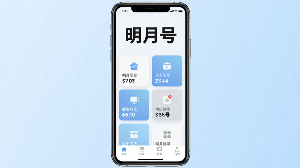 一张展示明月号软件主界面的手机预览图,画面中央是手机屏幕,屏幕内呈现明月号应用首页布局,顶部有醒目的明月号文字标识,中部为功能卡片式排版,底部为导航栏,整体风格清新简约,背景为浅蓝色渐变,画面干净整洁,无多余元素,高清画质。