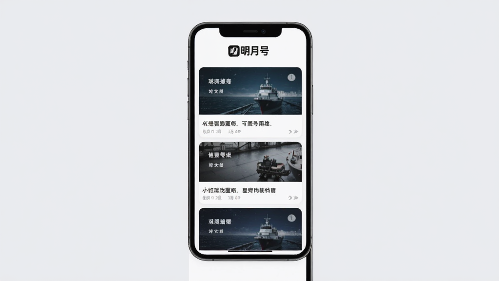 一张明月号内容推荐界面的示意图,画面中央为手机屏幕,屏幕内展示瀑布流式的内容卡片,每张卡片上有标题和缩略图,屏幕上方有明月号标志,背景为淡灰色,风格极简,排版整齐,画质清晰,无多余装饰。
