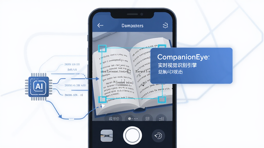 CompanionEye 实时视觉识别引擎工作示意图,主体为手机摄像头扫描书本文字,画面中出现识别框和翻译结果浮层,布局为手机界面特写,风格为扁平化科技插画,细节包含数据流线条和AI芯片图标,画质清晰,干净,无多余元素