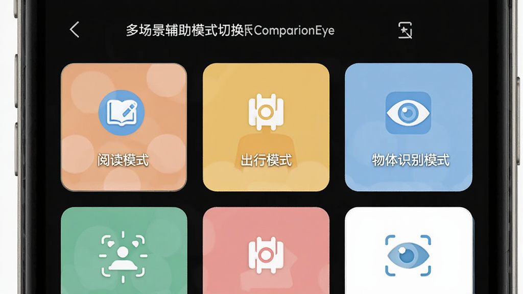 CompanionEye 多场景辅助模式切换界面,主体为手机屏幕显示模式选择卡片,包含阅读模式、出行模式、物体识别模式,布局为网格状排列,风格为清新简约,细节包含不同颜色的图标和简短文字说明,画质高清,干净,无多余元素