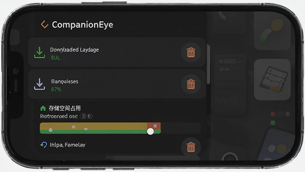 CompanionEye 离线数据库管理界面,主体为手机屏幕显示已下载的语言包列表和存储空间占用条,布局为列表式,风格为深色模式,细节包含下载状态图标和删除按钮,画质清晰,干净,无多余元素