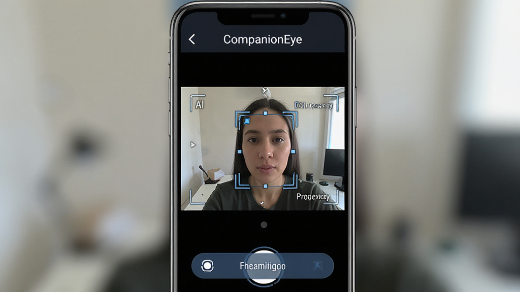 CompanionEye 软件主界面截图,展示智能视觉识别功能,主体为手机屏幕显示摄像头取景框,界面布局简洁,顶部有软件名称 CompanionEye,中间为实时画面,底部有识别按钮,风格为现代科技感,细节包含AI识别框和文字标注,画质高清,干净,无多余元素