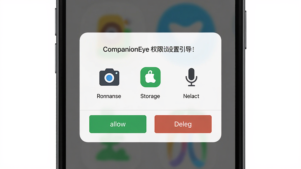 CompanionEye 权限设置引导界面,主体为手机屏幕显示权限申请弹窗,包含相机、存储、麦克风图标,布局为居中弹窗,风格为扁平化设计,细节包含允许和拒绝按钮,画质清晰,干净,无多余元素