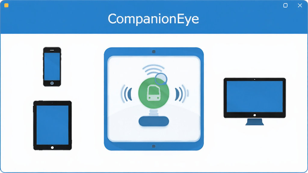 CompanionEye���������棬�������豸����״̬ʾ��ͼ����Χ�����ֻ���ƽ�塢����ͼ�꣬��ɫ�Ƽ���񣬲��ּ��Գƣ���ƽ����ƣ��ɾ���UI���棬���廭�ʣ��޶���Ԫ��