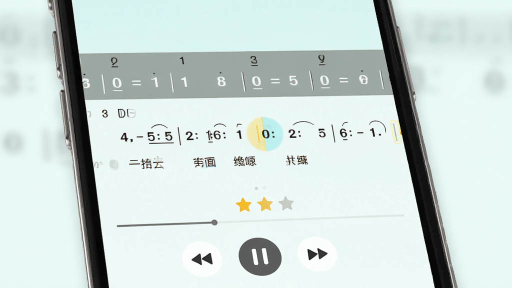 开嗓练声App曲目跟练页面,主体为手机屏幕显示简谱与歌词滚动条,布局上简谱居中,播放控制按钮在底部,排版简洁,风格为清新浅色,细节有高亮当前音符和跟唱评分星星,画质高清,干净,无多余元素