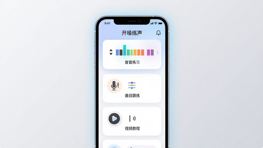 开嗓练声软件主界面全貌展示,主体为一部智能手机屏幕,屏幕中显示开嗓练声App的首页布局,包含音阶练习、曲目跟练、视频教程等功能入口,排版清晰有序,风格为现代简约科技感,细节上屏幕有柔和光晕,背景为干净的浅灰渐变,画质高清,干净,无多余元素
