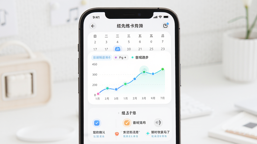 开嗓练声App练习计划与数据统计页面,主体为手机屏幕显示日历打卡与音域进步折线图,布局上图表居中,打卡记录在下方,排版清晰,风格为柔和圆角卡片式,细节有彩色数据点和鼓励文案,画质高清,干净,无多余元素