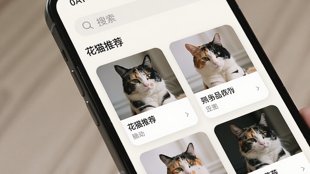 �ֻ���Ļ��ʾ��èApp���Ƽ���ҳ����Ƭʽ�������������룬ÿ�ſ�Ƭ��������ͼ�ͱ��⣬�������������͡���è�Ƽ�������������Ϊǳɫϵ��������¼�Լ�����ʸɾ�����