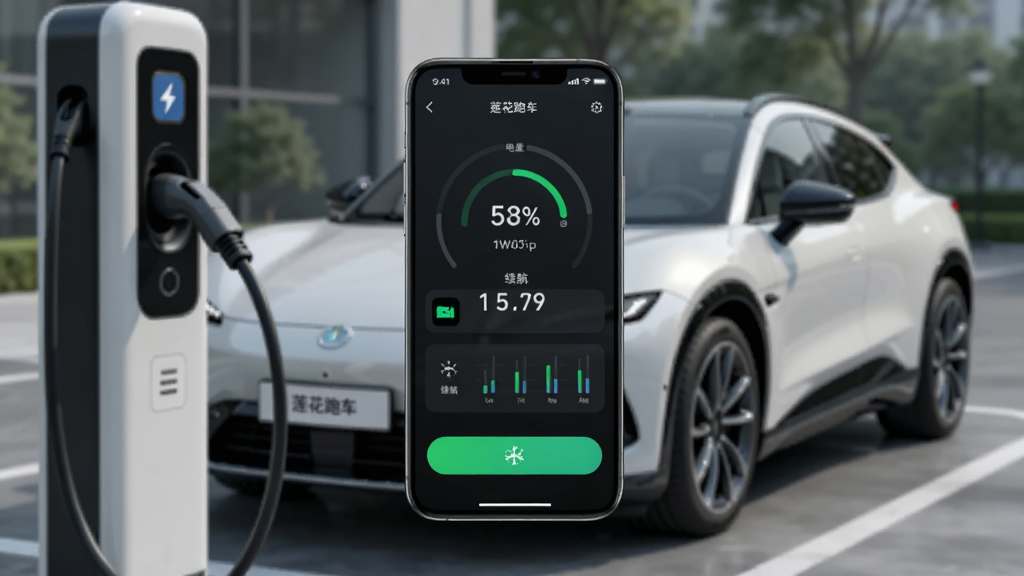 һ����ɫ����Eletre����SUVͣ���ڳ��׮�ԣ��ֻ���Ļ��ʾ����Զ�̿��ƽ��棬�����г��ֵ����ٷֱȡ��������ֺͿյ�������ť������Ϊ�ֻ�������С������ڱ����黯���������Ϊ��ˬ�Ƽ��磬ϸ�ڰ���������¡�Appͼ�ꡢ����ͼ�������ʸ��壬�ɾ���࣬���������ֱ�ע