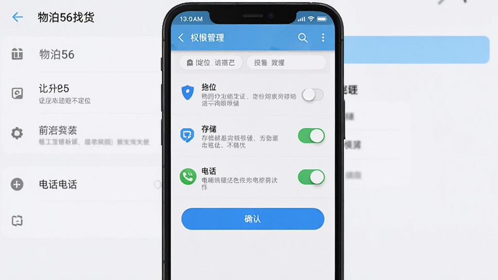 �ﲴ56�һ���׿�ֻ���װ���ý��棬��������Ϊ�ֻ���Ļ��ʾȨ�޹���ҳ�棬������λ���洢���绰Ȩ�޿��أ�����Ϊϵͳ���÷��ϸ����Ȩ��˵�����ֺ�ȷ�ϰ�ť�����ʸ��壬�ɾ��޶���Ԫ��