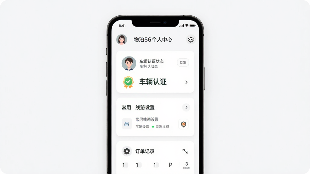 �ﲴ56�һ���������ҳ�棬��������Ϊ�ֻ���Ļ��ʾ�û�ͷ�񡢳�����֤״̬��������·���úͶ�����¼��ڣ�����Ϊ��ɫ��Ƭʽ���֣�������¼�Լ��ϸ������֤���º����ó���ͼ�꣬���ʸ��壬�ɾ��޶���Ԫ��