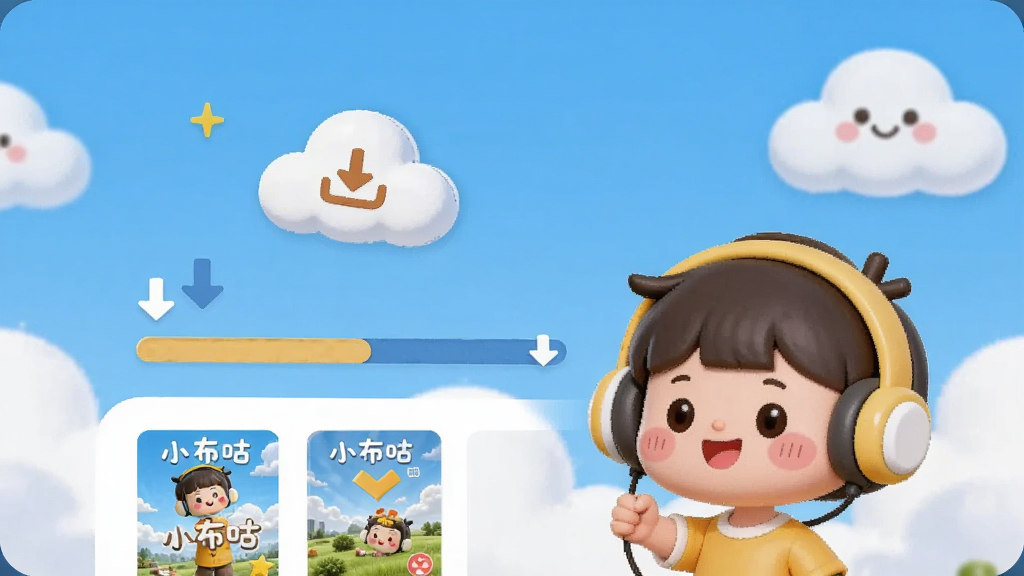 一个卡通风格的手机界面,界面中显示着下载进度条和可爱的云朵图标,旁边有一个小孩戴着耳机微笑,背景是蓝天白云,风格清新明快,细节包括下载箭头和故事封面缩略图,画质清晰,画面中带有