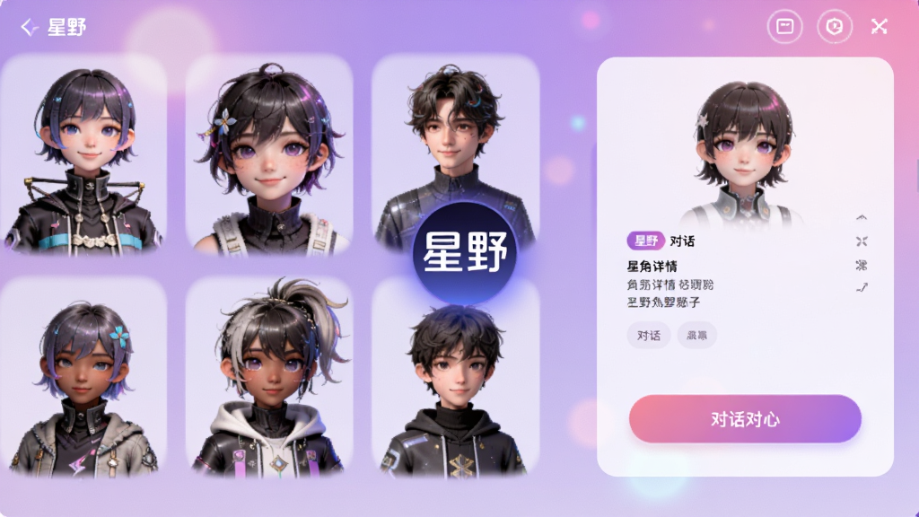 ��������ҰAPP�������ɫչʾҳΪ���壬��������Ų�ͬ����AI��ɫ�������Ҳ��ǽ�ɫ������Ի���ڰ�ť������������͵Ľ�����ɫ���ɫ���Σ����������з������ҰLogo�����ƫ�����Ԫ��Ƽ����ںϣ�ϸ�ڰ�����ɫ�������������水ť��΢��Ч�������ֱ�ǩ�����ɼ������ʸ��壬����ɾ����޶���Ԫ�ء�
