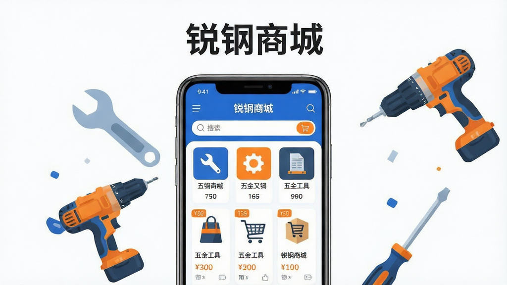 画面主体为一部竖屏智能手机,屏幕中展示“锐锢商城”APP首页界面,包含五金工具商品分类图标与搜索栏;布局采用居中构图,手机两侧悬浮扳手、电钻、螺丝刀等五金工具元素;排版简洁清晰,上方留白放置标题文字“锐锢商城”;风格为现代扁平化科技风,色调以蓝色和橙色为主;细节处体现商品卡片、价格标签、购物车图标等电商元素;画质高清,画面干净,无多余元素。