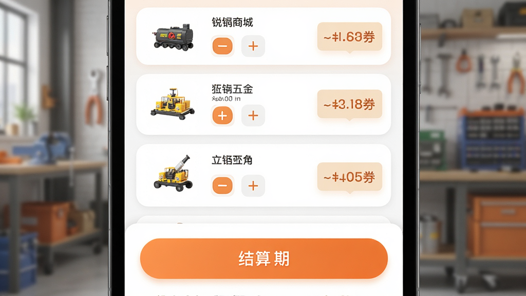 画面主体为“锐锢商城”APP购物车与结算页面,展示多件五金商品列表与合计金额;布局采用上下结构,上方商品列表,下方结算按钮;排版清晰,价格突出;风格为柔和圆角卡片风,以白色和橙色点缀;细节包括商品缩略图、数量加减按钮、优惠券标签;画质高清,画面干净,无多余元素。