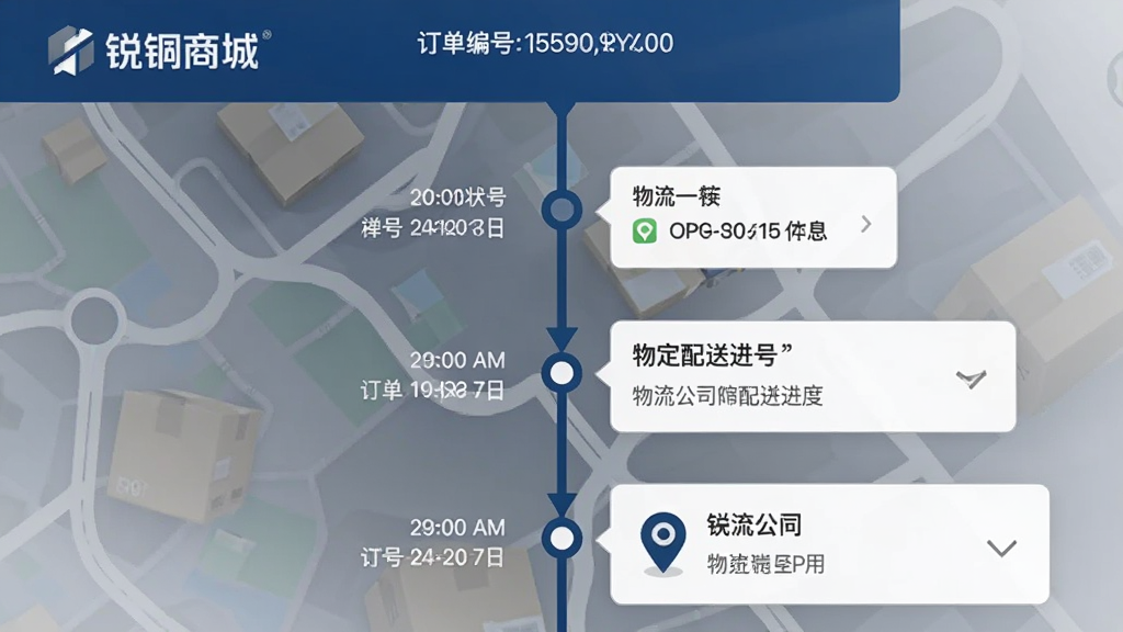 画面主体为“锐锢商城”APP订单物流追踪页面,展示订单状态时间轴与物流公司信息;布局采用纵向时间线设计,节点清晰;排版简洁,顶部显示订单编号;风格为简约商务风,以深蓝和灰色为主;细节包括物流单号、配送进度、地图定位图标;画质高清,画面干净,无多余元素。