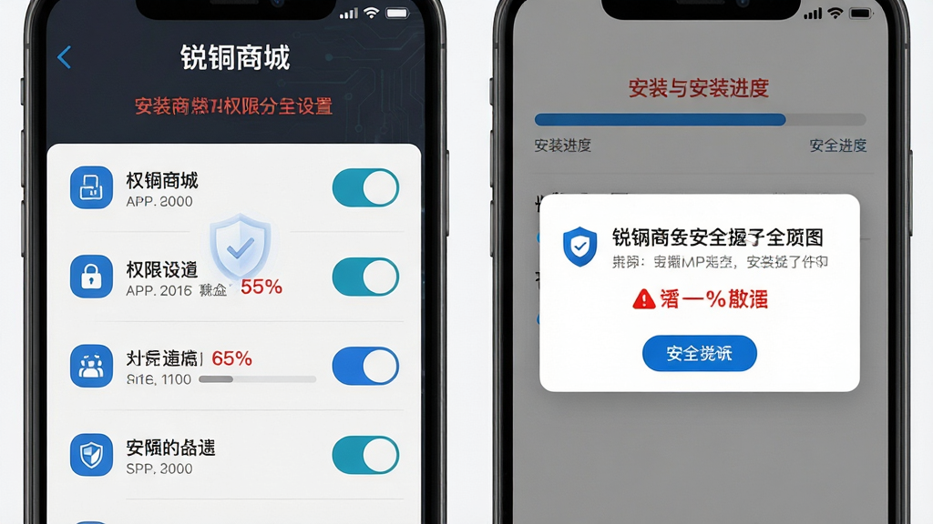 画面主体为“锐锢商城”APP安装权限设置界面与手机安全提示弹窗;布局采用左右分栏,左侧展示权限开关列表,右侧展示安装进度条;排版清晰,重点标注红色警示文字;风格为科技安全风,以深灰和蓝色为主;细节包括权限图标、进度百分比、安全盾牌标识;画质高清,画面干净,无多余元素。