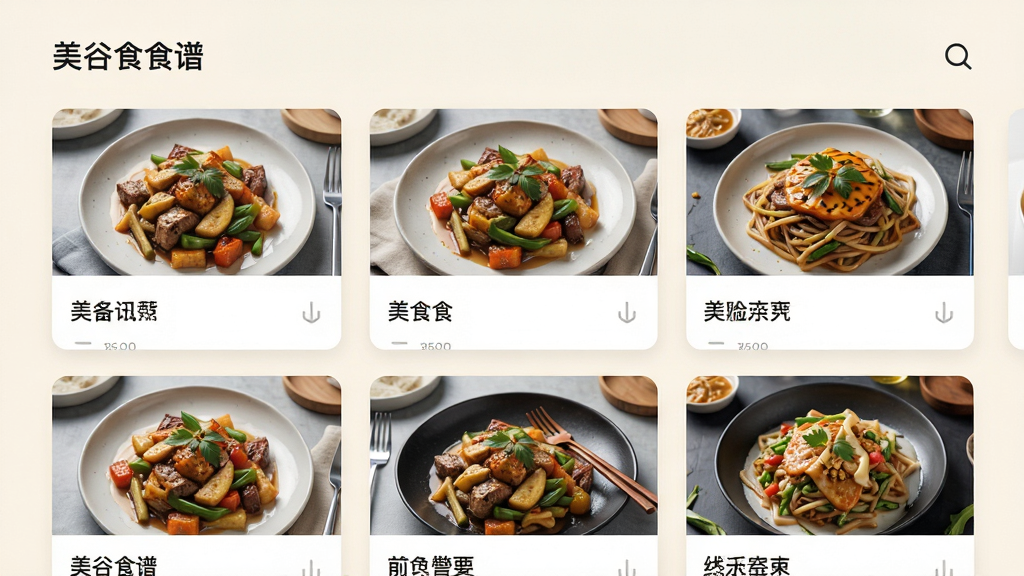 ����ʳ��Ӧ���ڲ��׷���ҳ�棬����չʾ�����Ʒ��Ƭ��������ʽ���У�ÿ�ſ�Ƭ������ʳͼƬ�Ͳ���������Ϊǳɫϵ���������룬������¼�࣬ϸ�ھ��£����ʸ��壬�ɾ����޶���Ԫ��