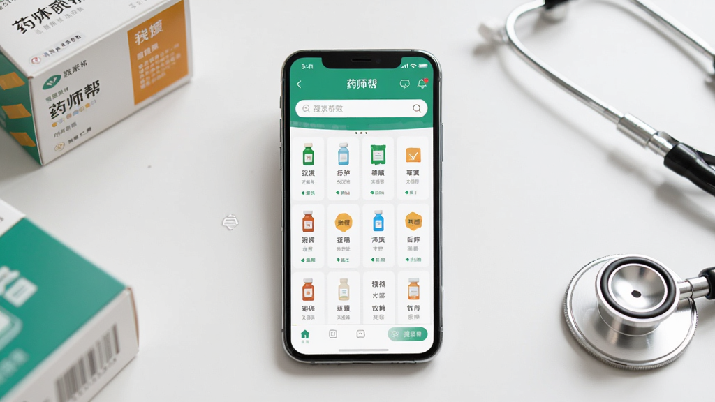 ����Ϊһ�������ֻ�����Ļ��ʾҩʦ��APP��ҳ���棬����Ϊ�ֻ����з�����ǳɫ���棬��Χɢ��ҩ�������������Ű��࣬���Ϊ�ִ�����дʵ��ϸ�ڰ���������ҩƷ����ͼ���������������ʸ��壬�ɾ����޶���Ԫ��