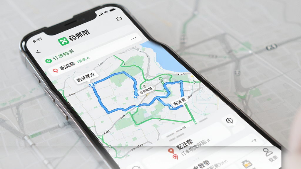 ����Ϊҩʦ��APP�����������ٽ��棬����Ϊ�ֻ���Ļ��ʾ��ͼ�켣�����ͽڵ㣬�Ű����������Ϊ��Լ�Ƽ��У�ϸ�ڰ�����ҩʦ�Logo������״̬���֣����ʸ��壬�ɾ����޶���Ԫ��