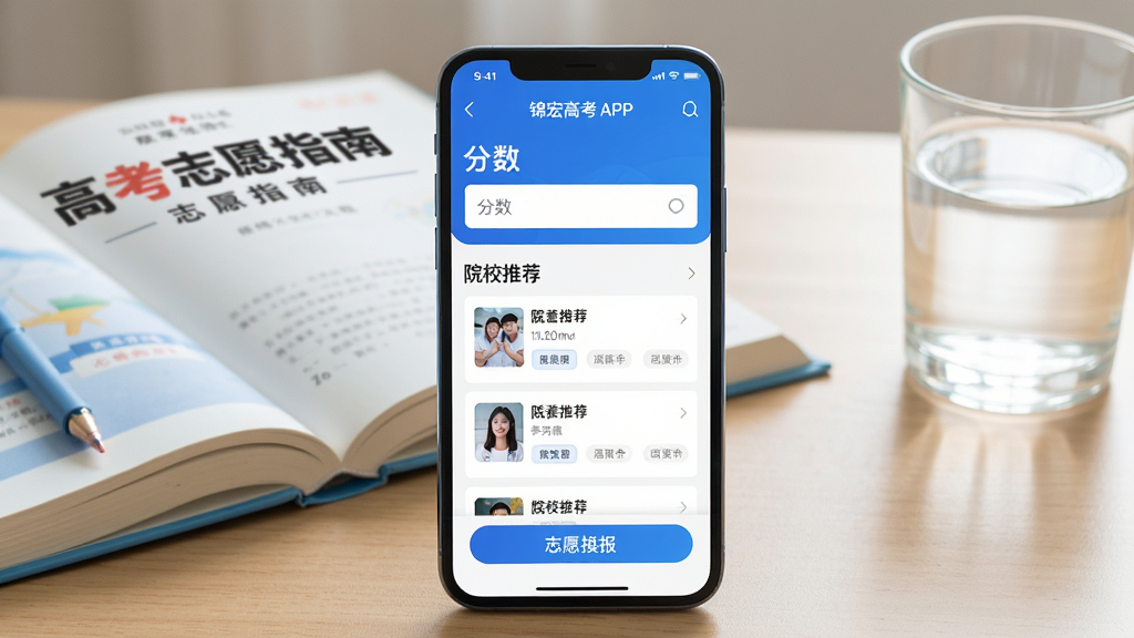 ����Ϊһ�������ֻ�����Ļ��ʾ����߿�APP��ҳ���棬�����а������������ԺУ�Ƽ��б���־Ը���ť������Ϊ�ֻ����У�����Ϊ���������������и߿�־Ը�ָ���鼮��һ��ˮ���Ű��࣬�ֻ���Ļ���������ɼ������Ϊдʵ�Ƽ��磬�������������ϸ�ڰ����ֻ���Ե���⡢��Ļ����������������΢�黯�����ʸ��壬�ɾ����޶���Ԫ�ء�