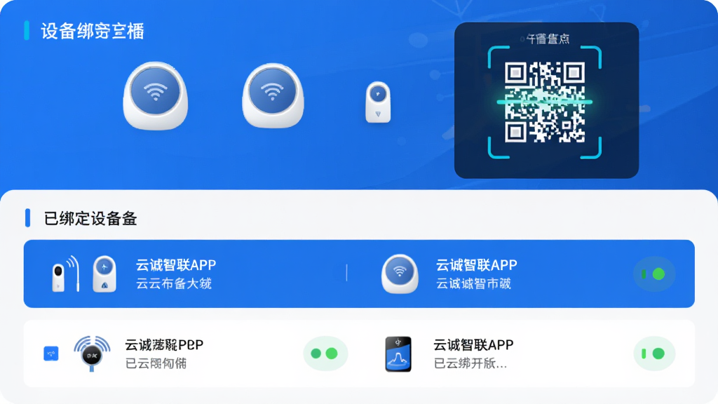 ����Ϊ�Ƴ�����APP�豸�󶨽��棬���ֲ������·ֲ�ṹ���Ϸ�չʾ�豸ͼ��Ͷ�ά��ɨ�������·�Ϊ�Ѱ��豸�б����Ű��������򣬷��Ϊ��ƽ���Ƽ��磬ϸ�ڰ�����ɫ����ɫ��Բ��״ָ̬ʾ�ƣ����ʸ���ɾ��޶���Ԫ��