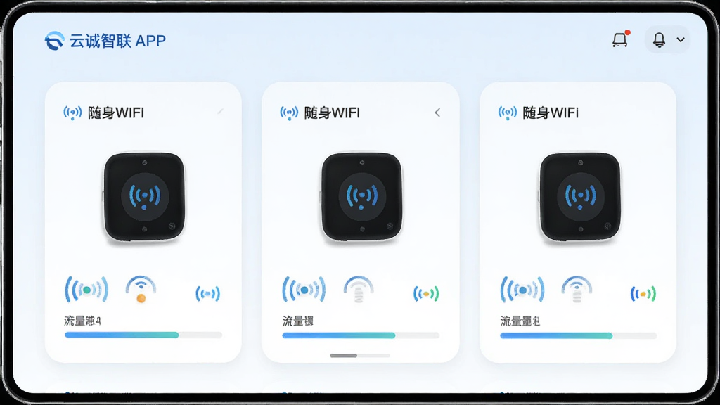 ����Ϊ�Ƴ�����APP���豸�������棬���ֲ����������У�չʾ��̨����WiFi�豸�Ŀ�Ƭ��Ϣ��ÿ�ſ�Ƭ�����豸���ơ��ź�ͼ����������������Ű���������Ϊ����ǳɫϵ��ϸ�ڰ���Բ�ǿ�Ƭ�������Ӱ�����ʸ���ɾ��޶���Ԫ��