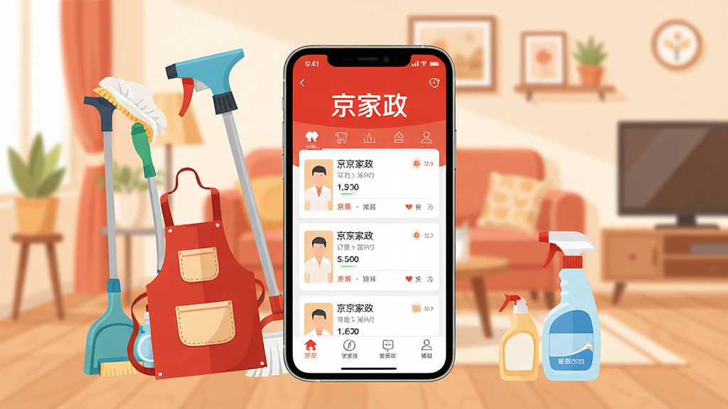 ������APP�ٷ�����ͼ������������һ�������ֻ����ֻ���Ļ��չʾ������APP�Ķ����б����棬���涥���С����������������֣��ֻ���Χ�����ű��๤�ߡ�Χȹ�������ȼ�����Ʒ����������ܰ�ļ�ͥ�������������ֲ������Ĺ�ͼ���ֻ����У���ΧԪ�سʷ���״���У����Ϊ�ִ���ƽ���廭�磬ɫ���Ծ������ů��ɫΪ����ϸ�ڰ����ֻ���Ļ�ϵĶ�����Ƭ��������ͼ�ꡢ�ײ��˵���ť�����ʸ��壬����ɾ����޶���Ԫ��