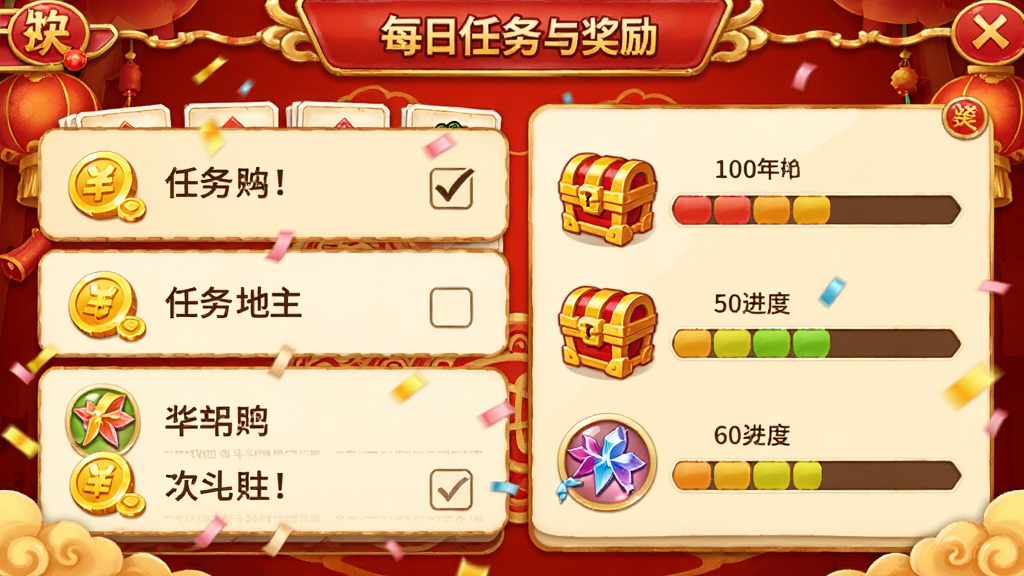 ���ֶ�����ÿ�������뽱�����棬������չʾ�����б��ͽ������������������ͼ�ꡢ����ͼ���װ����Ƭͼ�꣬��������嵥ʽ���֣�������ϲ��ĺ�ɫ�ͽ�ɫ���䣬���������ֻ��죬����������Ԫ��������������