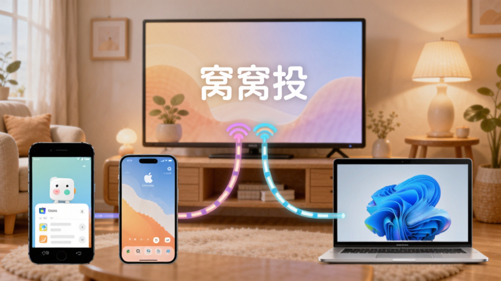 ����Ͷ��ƽ̨����չʾͼ�������а�׿�ֻ���ƻ���ֻ���Windows�ʼǱ�Χ��һ̨���ܵ������У����Է�����ͬ��ɫ�������߻�۵�������Ļ������Ϊ��ܰ����������������Բ�ǣ�����������ͼ�б�ע���֡�����Ͷ��