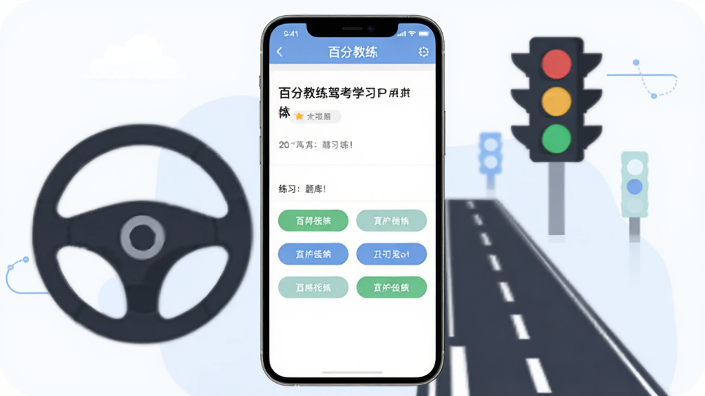 һ��չʾ�ٷֽ����ݿ�ѧϰAPP�����ͼƬ�������������ֻ���Ļ����Ļ����ʾ�ٷֽ���APP�������ϰҳ�棬����Ŀ��ѡ�ť�������Ǽ��ļݿ�����廭�����������̡����̵ơ���·���ߵ�Ԫ�أ�����Ϊ���й�ͼ�����Ϊ��ƽ���Ƽ��磬ϸ�����������ʸɾ��������޶���Ԫ�ء�