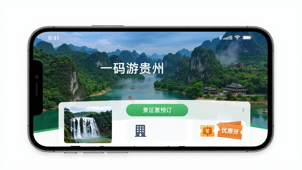 һ���ι��� Ӧ�ý���չʾͼ������Ϊһ�������ֻ�����Ļ��ʾһ���ι���APP��ҳ����������ɽˮ�����;�����ƱԤ����ť�����־��У��Ű��࣬����ִ��Ƽ��У�ϸ�ڰ����ƹ����ٲ�����ͼ���Ƶ�ͼ�ꡢ�Ż�ȯ��ǩ�����ʸ��壬�ɾ����޶���Ԫ��