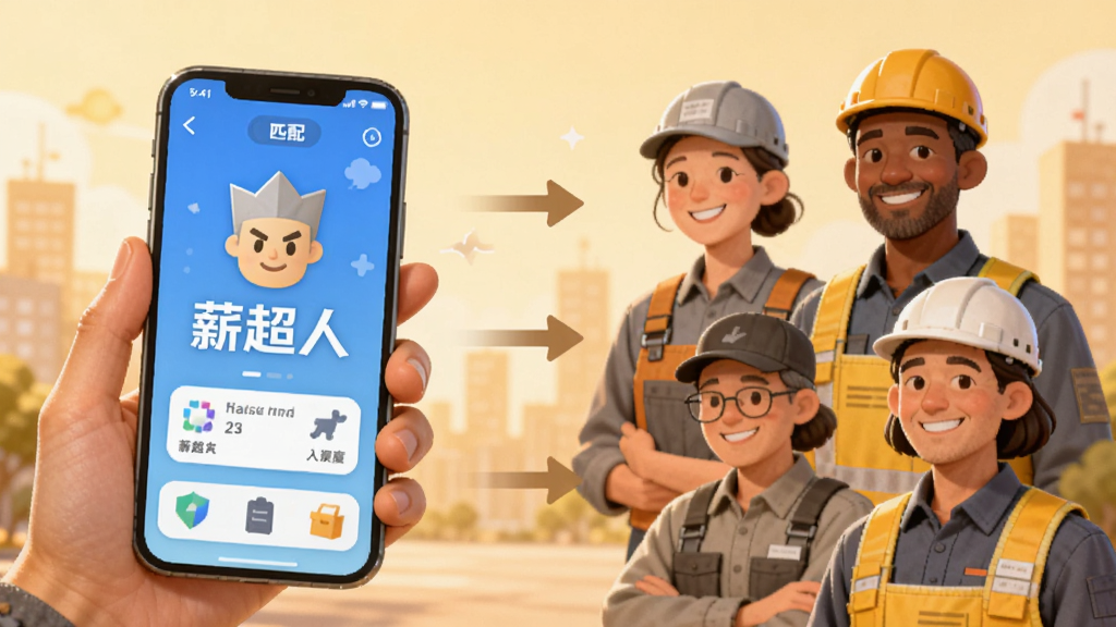һ��AI���ɵ���Ƹ������ͼ���������Ϊ�ֳ֡�н���ˡ�APP���ֻ����Ҳ�Ϊ��λ��ְͬҵ���Ͷ��������м��ü�ͷ���ӱ�ʾƥ�䣬����Ϊ���ҶԳƣ������ůдʵ��ϸ�����������΢Ц�������г��м�Ӱ�����ʸ��壬�ɾ��޶���Ԫ��
