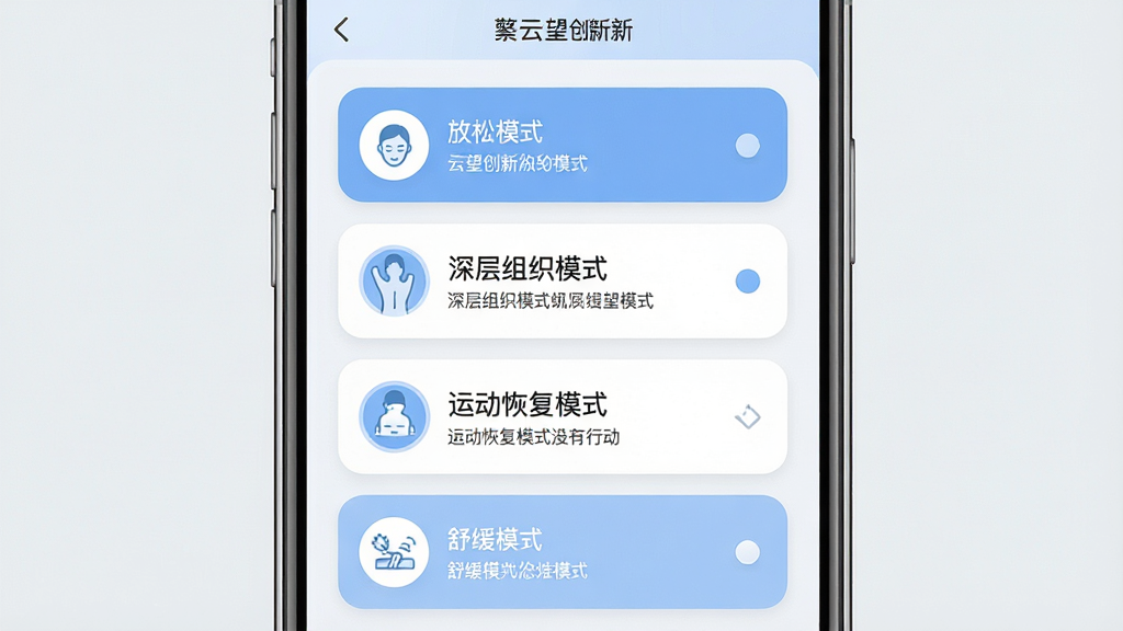һ��չʾ��������App��Ħģʽѡ�������ֻ���ͼ�������������ֻ���Ļ����Ļ����ʾ��������App��ģʽѡ��ҳ�棬��������ģʽ�������֯ģʽ���˶��ָ�ģʽ���滺ģʽ�ĸ�ѡ���ÿ��ѡ�����ж�Ӧ��ͼ��ͼ��˵�������������͵���ɫ���ɫ��ɫ������Ϊ�ɾ���ǳ��ɫ�����Ϊ�ִ���Լ��ϸ�ڰ���Բ�ǿ�Ƭ�����������ֱ�ǩ��ѡ��״̬�ĸ���Ч�������ʸ��壬�ɾ����޶���Ԫ��