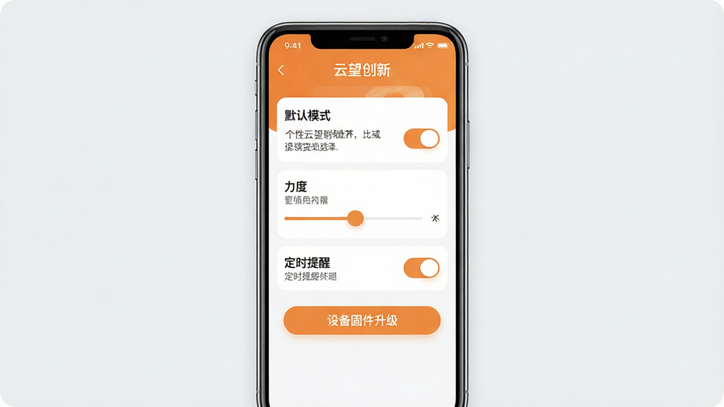 һ��չʾ��������App���Ի����ý�����ֻ���ͼ�������������ֻ���Ļ����Ļ����ʾ��������App������ҳ�棬����Ĭ��ģʽѡ�����Ȼ��顢��ʱ���ѿ��غ��豸�̼�������ť��ѡ����������ů�ĳ�ɫ���ɫ��ɫ������Ϊ�ɾ���ǳ��ɫ�����Ϊ�Ѻ����ã�ϸ�ڰ�������������˵�������ؿؼ���Բ�ǰ�ť�����ʸ��壬�ɾ����޶���Ԫ��