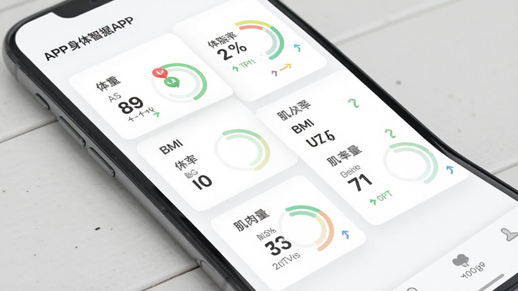 ��ɽ����APP�������������棬�ֻ���Ļ��ʾ��������ָ�꿨Ƭ���������ء���֬�ʡ�BMI���������ȣ�ÿ�����������в�ɫ���ν����������Ƽ�ͷ������Ϊ��ɫ��Ƭʽ���֣�������¼�࣬���ʸ��壬�ɾ��޶���Ԫ��