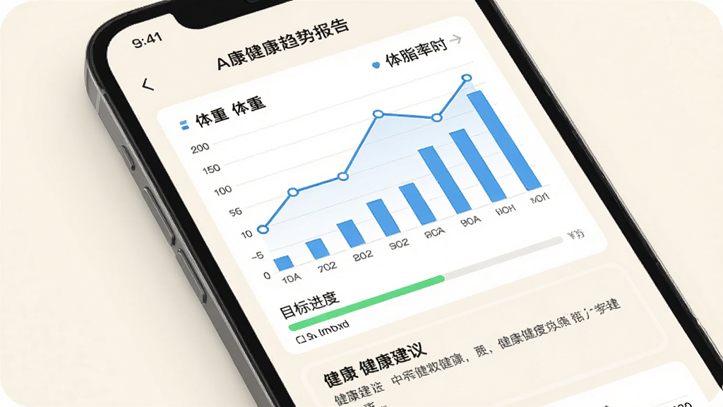 ��ɽ����APP�������Ʊ���ҳ�棬�ֻ���Ļ��ʾ����ͼ����״ͼ��ϣ�չʾ���غ���֬����ʱ��仯�����ƣ�ͼ���·���Ŀ��������ͽ����������ֿ򣬱���Ϊ����װ�ɫ�����רҵ��࣬���ʸ��壬�ɾ��޶���Ԫ��