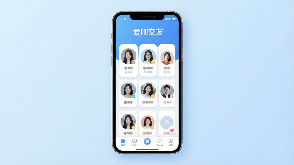 爱呗交友软件主界面展示,画面中央是手机屏幕,屏幕内显示爱呗交友应用首页,顶部有“爱呗交友”文字标识,下方是用户头像卡片列表与底部导航栏,背景为浅蓝色渐变,布局简洁清晰,风格现代清新,细节包含圆角图标与柔和阴影,画质高清,干净,无多余元素
