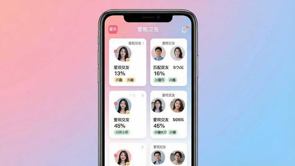 爱呗交友智能匹配功能界面,画面中央展示一部智能手机,屏幕内呈现爱呗交友匹配页面,多个用户头像以卡片形式排列,卡片上带有“爱呗交友”小字标识,背景为柔和的粉蓝渐变,布局采用居中排版,风格温馨现代,细节包含匹配度百分比与兴趣标签,画质高清,干净,无多余元素